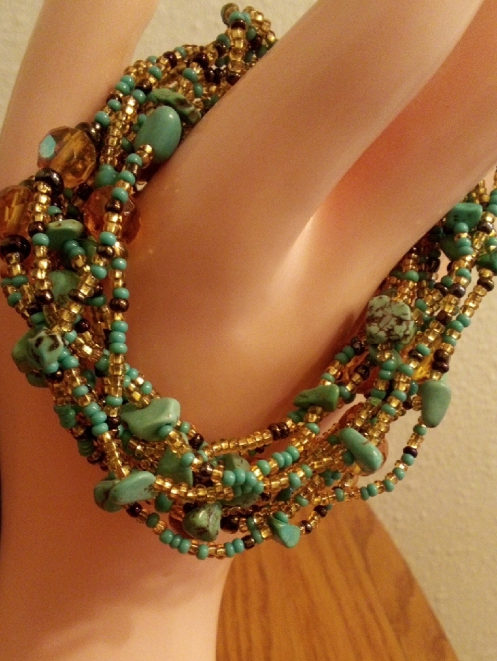 Gold and Turquoise Multi-Strand Beaded Bracelet -‎ Women Jewelry